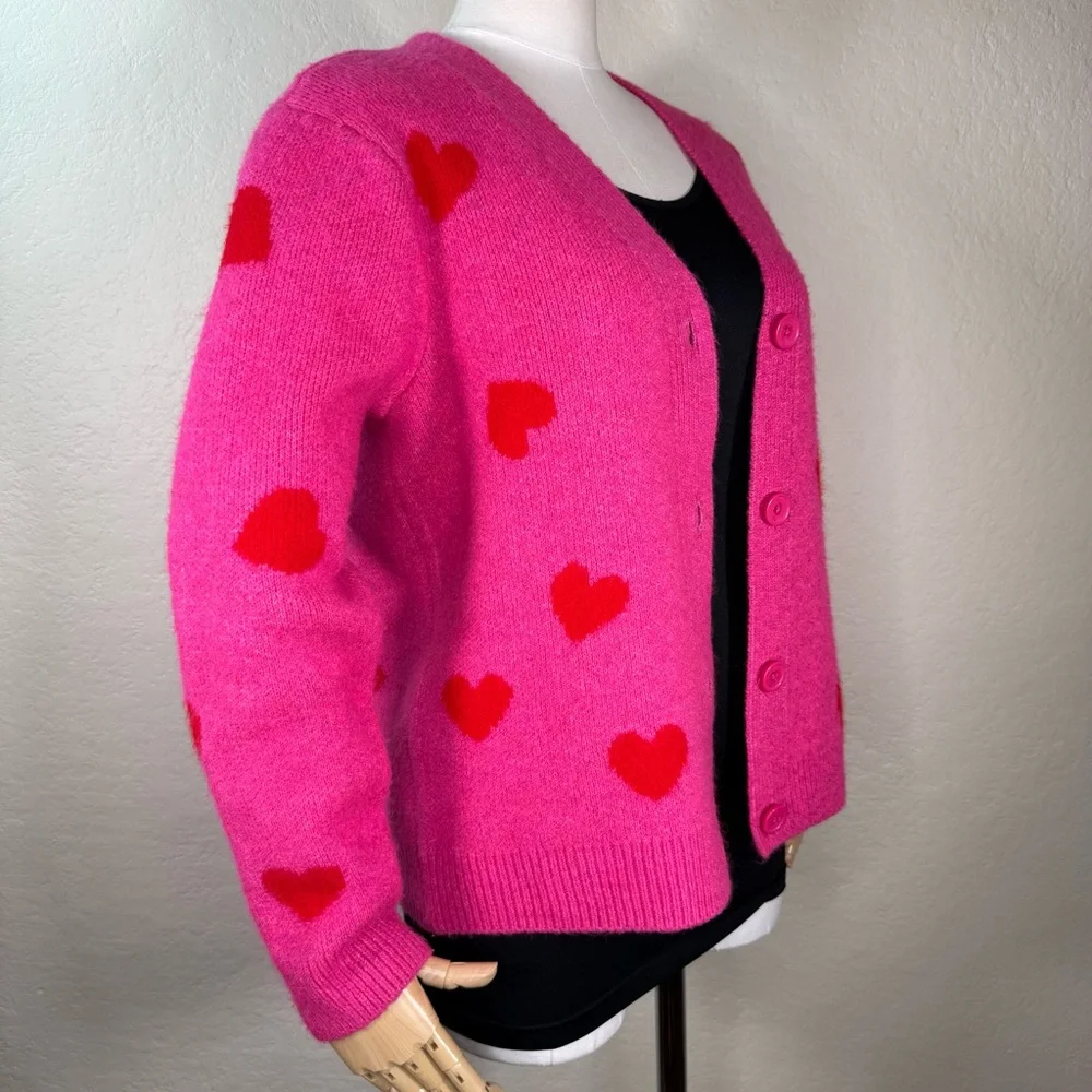 CeCe V-Neck Heart Jacquard Button Up Cardigan Sweater Size Large